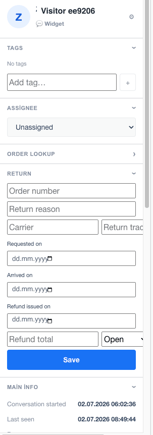 Order lookup and returns panel